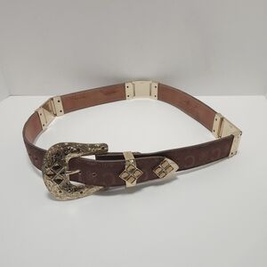 Los Altos Womens Western Belt Leather Jeweled Brown Tan Gold Size 36